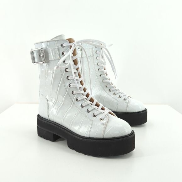 Stuart Weitzman Women 5 Ryder Boots White Ultralift Croc Leather Platform NEW - Picture 1 of 11
